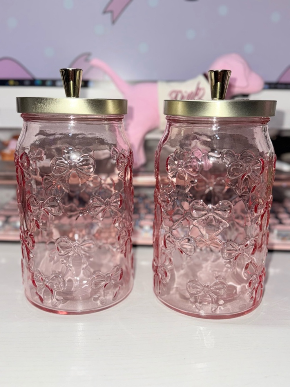 Pink Glass jars with bows  2 NEW